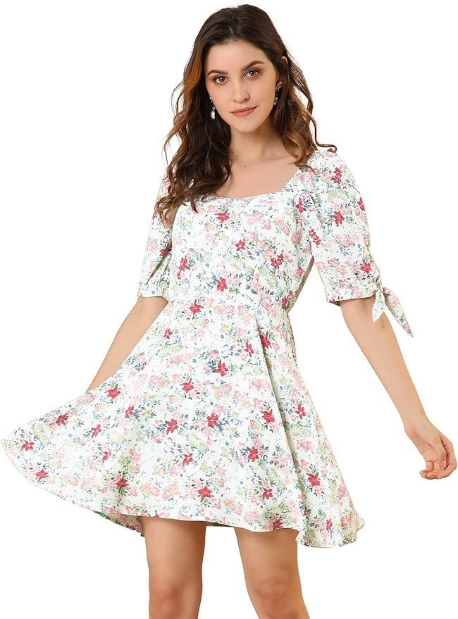 Allegra K Women's Floral Printed Sweetheart Neck Puff Sleeve Fit and Flare A-Line Mini Dress | Amazon (US)