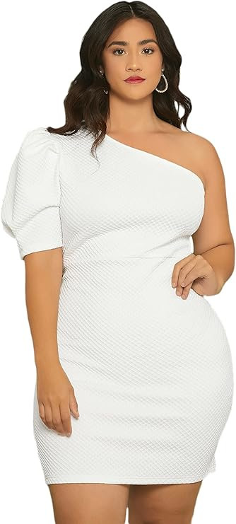 SheIn Women's Plus One Shoulder Bodycon Mini Dress Puff Short Sleeve Pencil Short Dresses | Amazon (US)
