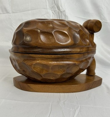 Vintage Wooden Walnut Shaped Nut Serving Bowl w/ Hinged Lid & Wooden Mallet | eBay US