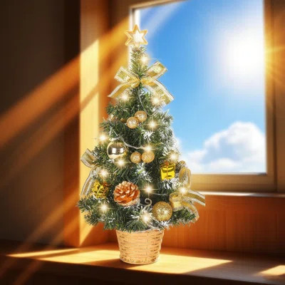 45CM Small Christmas Tree With Lights,Mini Desktop Decoration Tree With Star Tree Topper, Balls, Bows, Pine Cones For Home Office Shopping Bar Christm | Wayfair North America