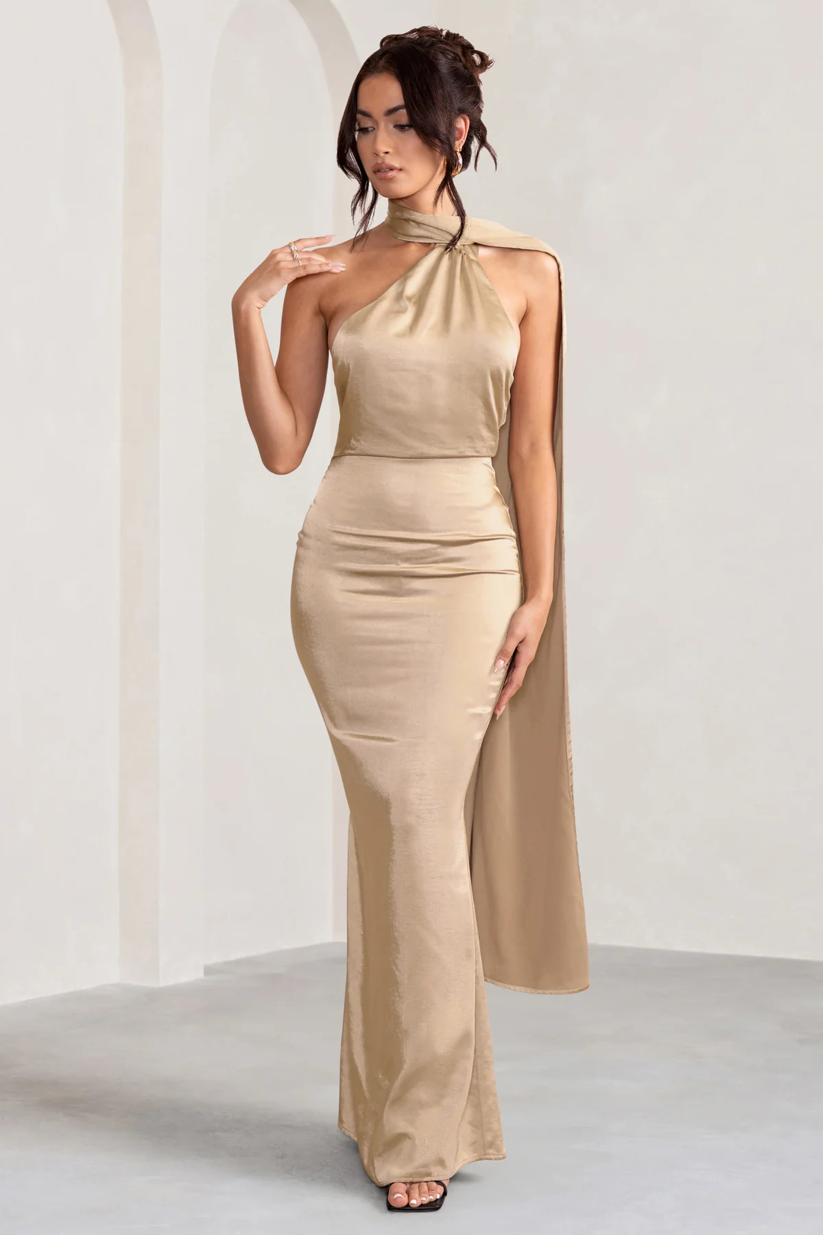 Mademoiselle | Champagne Satin Asymmetric Scarf Neck Backless Maxi Dress | Club L London