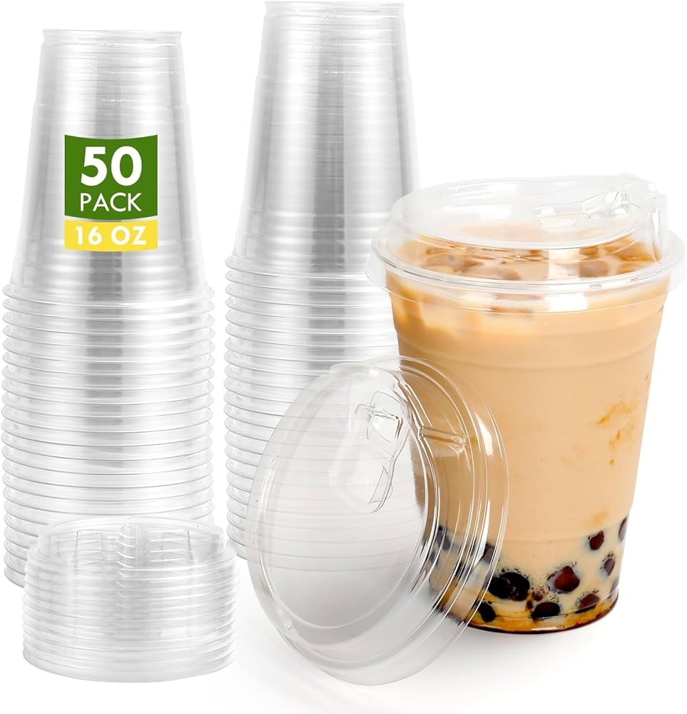 16oz, 50 Sets, Clear Plastic Cups with Strawless Sip Lids, BPA-Free, Leak-Proof, Crack-Resistant,... | Amazon (US)