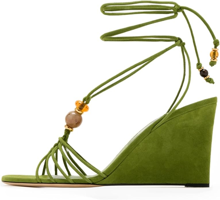 Strappy Wedge Sandals for Women Beaded Wrap Around Lace-Up Heels Square Toe Ankle Strap 3.3-Inch ... | Amazon (US)