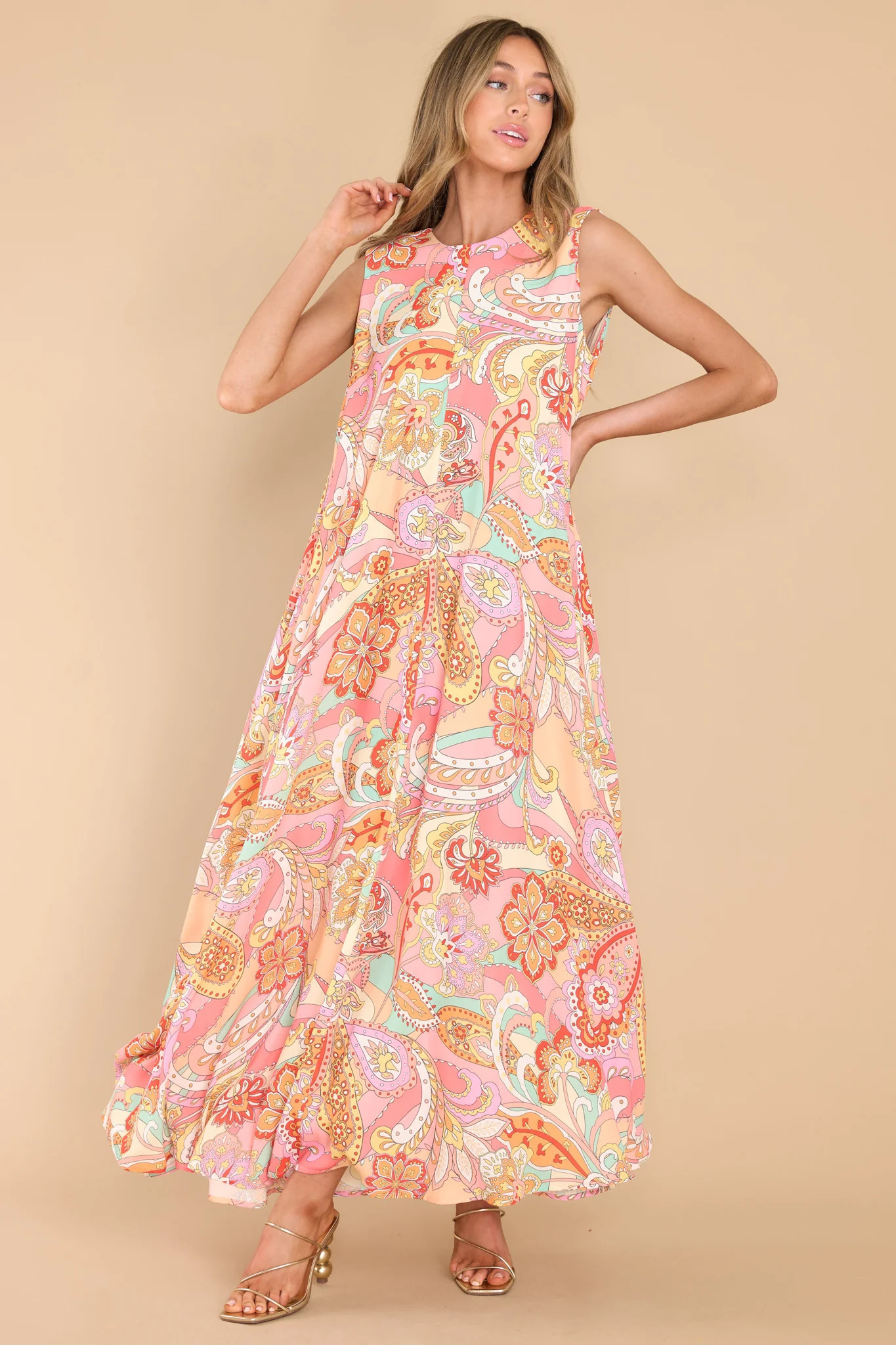 Like Fine Art Peach Pink Multi Print Maxi Dress | Red Dress 