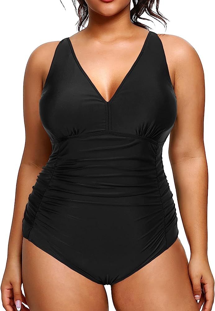 Aqua Eve Women Plus Size One Piece Swimsuits V Neck Tummy Control Bathing Suits Retro Ruched Swim... | Amazon (US)