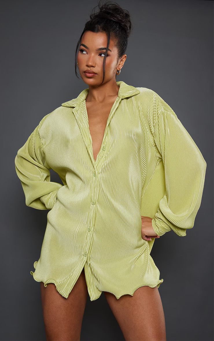 Lime Plisse Frill Hem Shirt Dress | PrettyLittleThing US