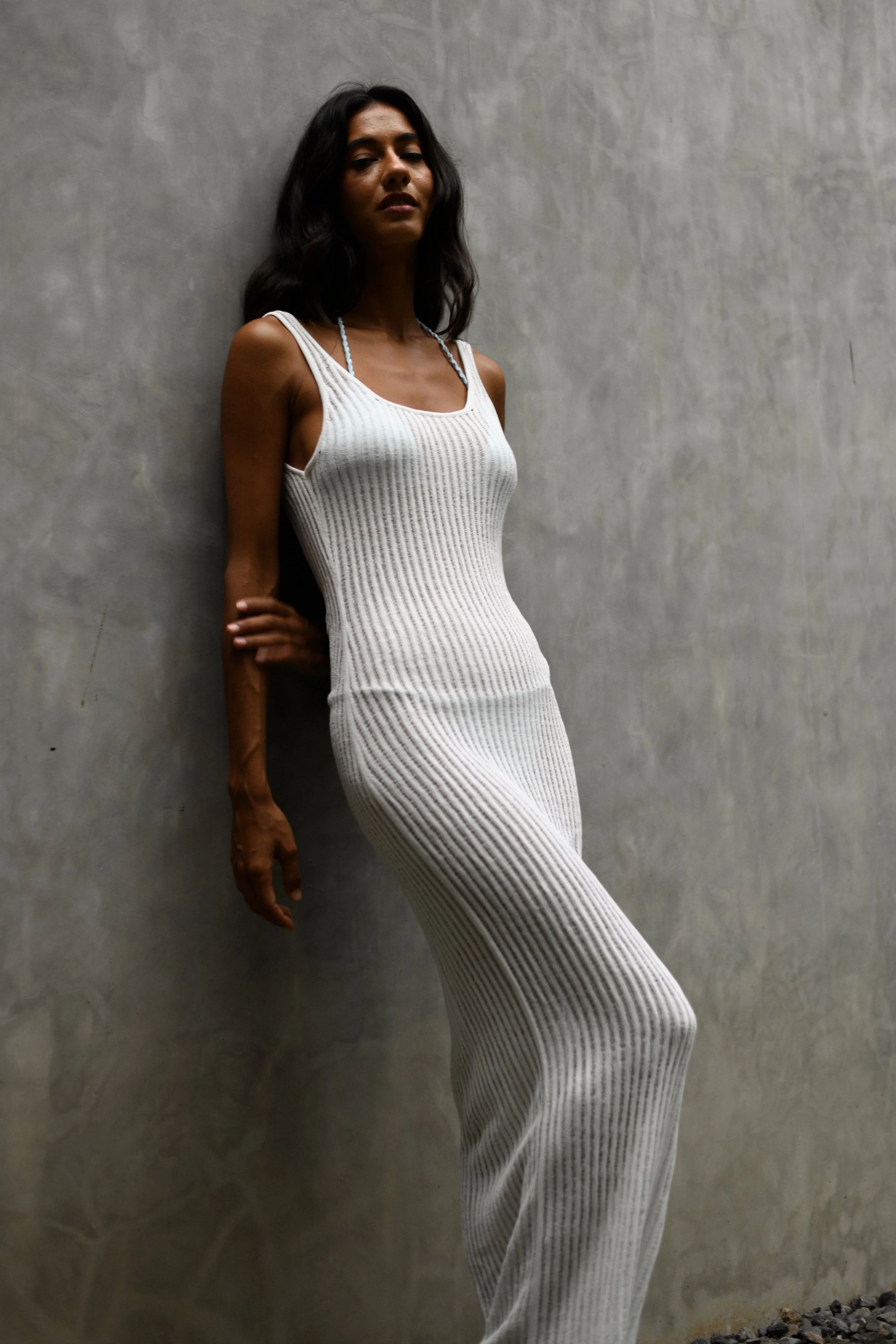 Abbey Ladder Knit Cowl Maxi Dress - White | MESHKI US
