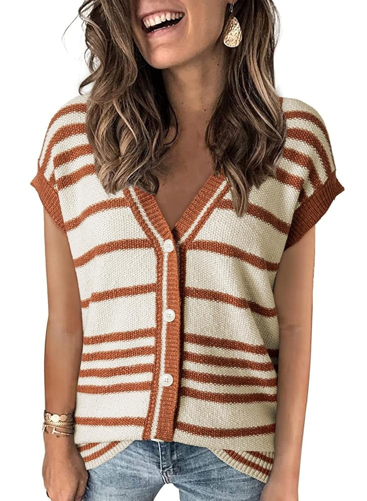 Dokotoo Sweater Vest Women Striped V Neck Button Vest for Women Vest Top Spring Cardigan Sweaters... | Amazon (US)