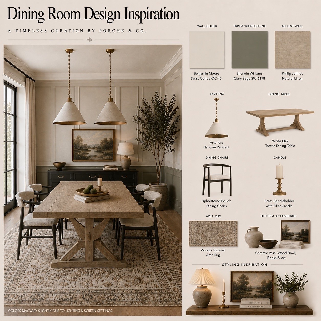 A dining room designed to feel warm, collected, and timeless 🤎 The white oak trestle table, upholstered bouclé dining chairs, vintage-inspired area rug, and statement pendant lighting create the perfect foundation. Finished with brass candlelight, ceramic accents, layered artwork, and natural greenery for that signature Porche & Co. look.

#porcheandco #DiningRoomDesign #DiningRoomInspo #HomeDecor #InteriorDesign

#LTKHome #LTKvlog