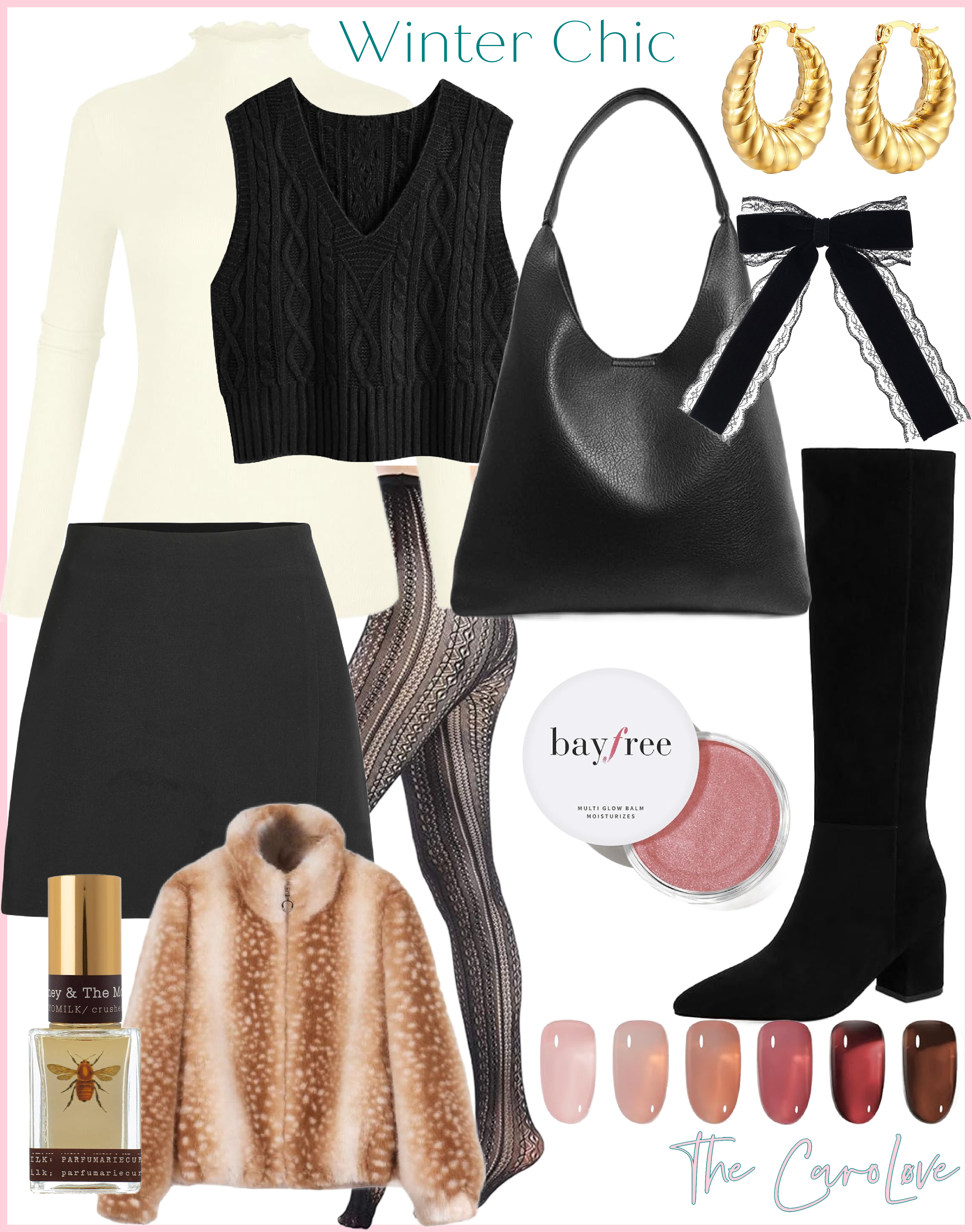 A chic + cozy winter outfit I’m obsessed with right now ❄️🖤
Mini skirt + knee-high boots + a sweater vest = my favorite cold-weather combo.
Finished it with fishnets, a lace bow, glowy makeup, and the sweetest Honey & The Moon scent.
And the deer print faux fur jacket is EVERYTHING.
Linking every piece! 

 #LTKgrwm #LTKootd #LTKMidsize