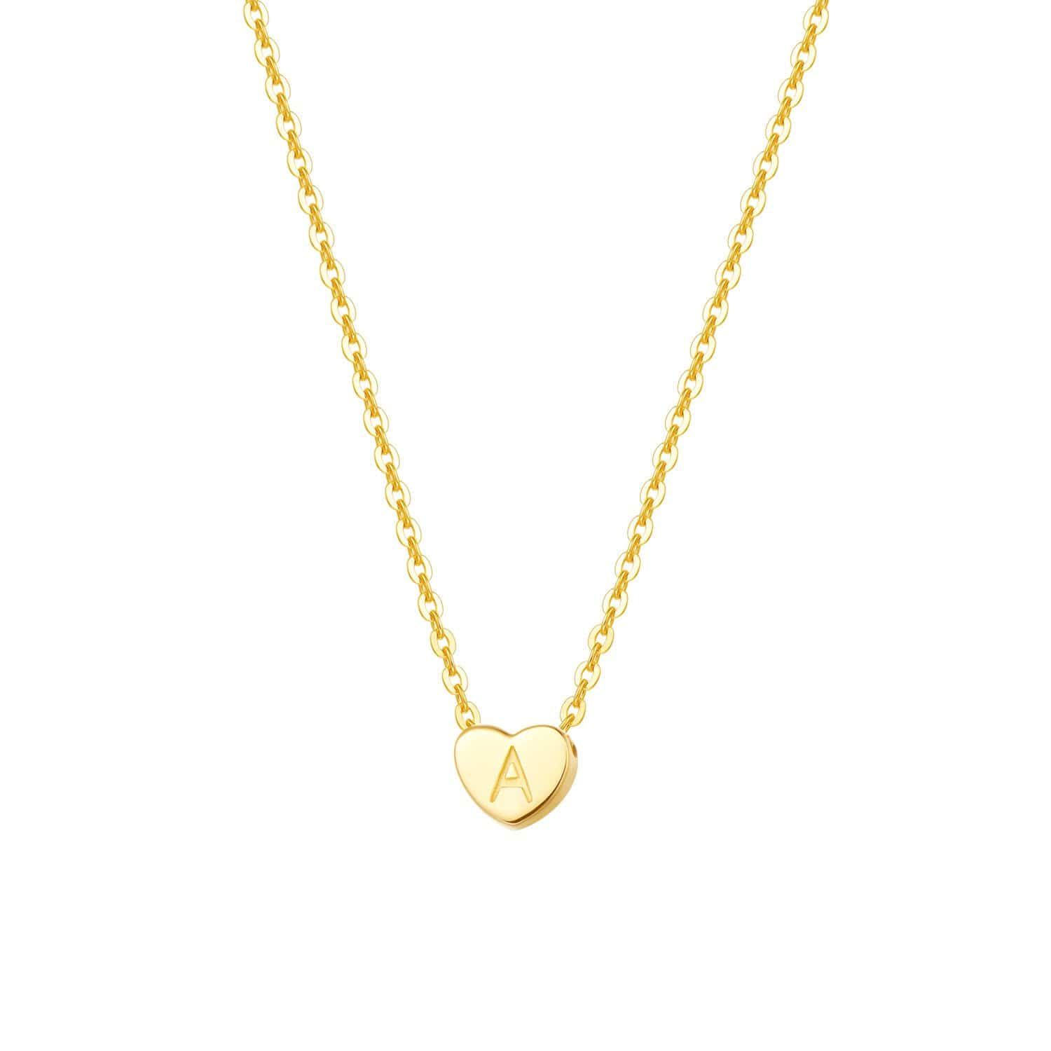 "A" 14K Solid Yellow Gold Heart Initial Dainty Pendant Necklace | FANCIME