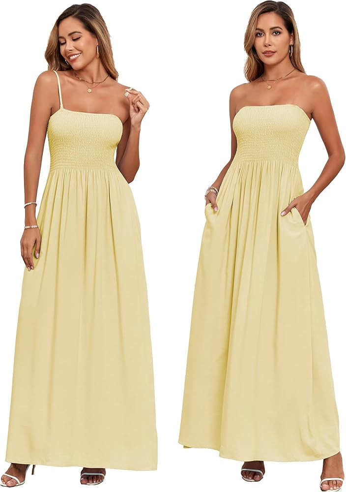 Aigeman Women Detachable Strap Dress Strapless Smocked Bodice Maxi Dress Pockets Long Swing Flowy... | Amazon (US)