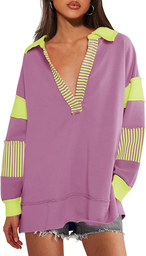 SENSERISE Womens Oversized Striped Shirt Long Sleeve Color Block Tops Casual V Neck Polo Shirts P... | Amazon (US)