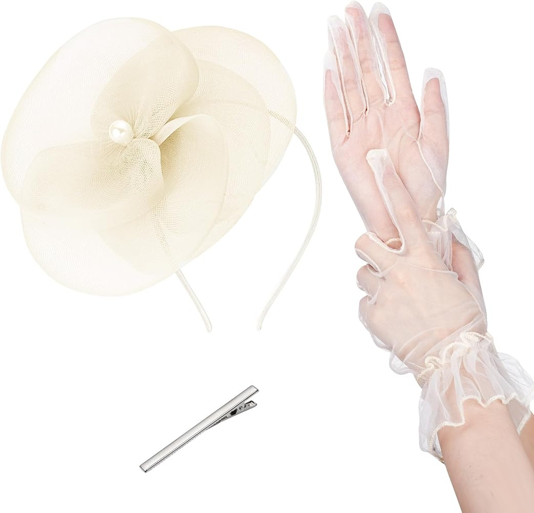 Women Fascinator Hat and Lace Gloves Set Vintage 1920s Headpiece with Veil Mesh Headband for Tea Party Wedding Cocktail | Amazon (US)
