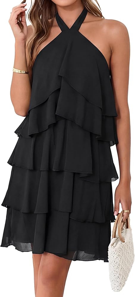 Simplee Womens Summer Floral Mini Dress Casual Sleeveless Halter Ruffle Tiered Chiffon Boho Beach... | Amazon (US)