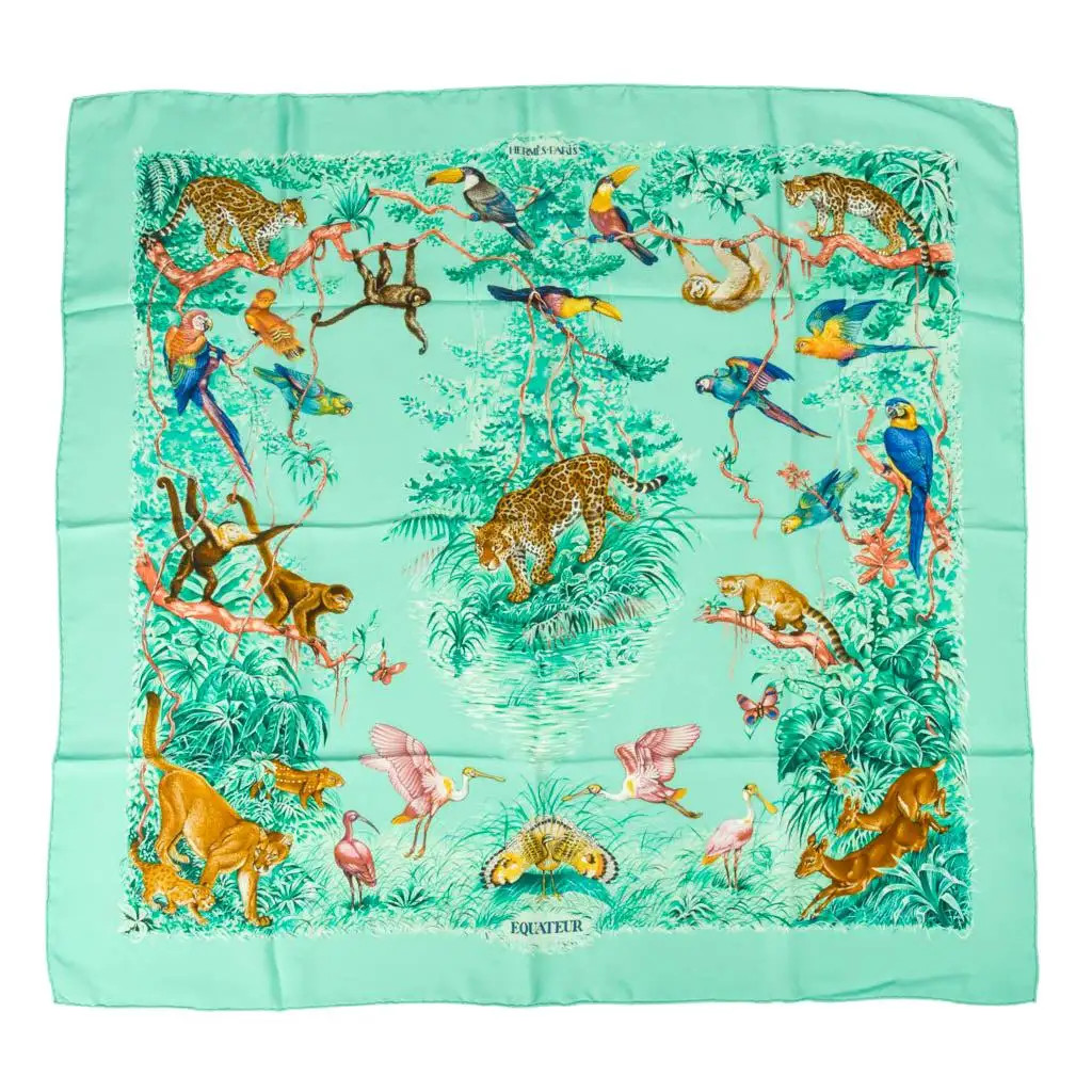 Hermes Scarf Equateur Wash Silk Twill Aqua Emeraude Fauve 90 nwt | 1stDibs