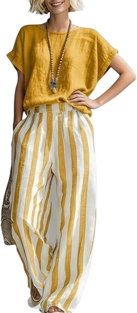 Striped Two Piece Sets for Women Casual Shirt and Classic Striped Wide Leg Pants Outfit Linen Loo... | Amazon (US)