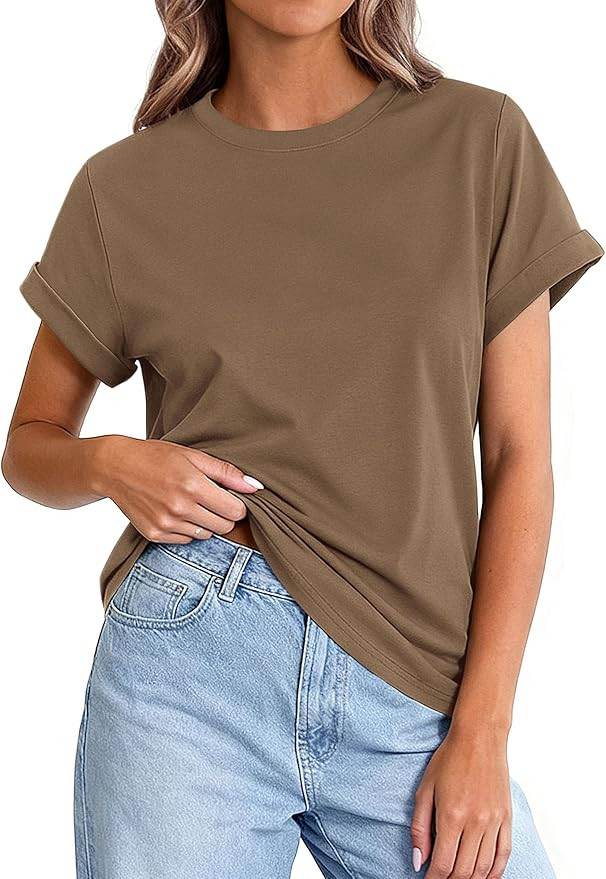 PRETTYGARDEN Womens Summer Tops 2026 Spring Casual Rolled Short Sleeve Basic Tees Crew Neck Work ... | Amazon (US)