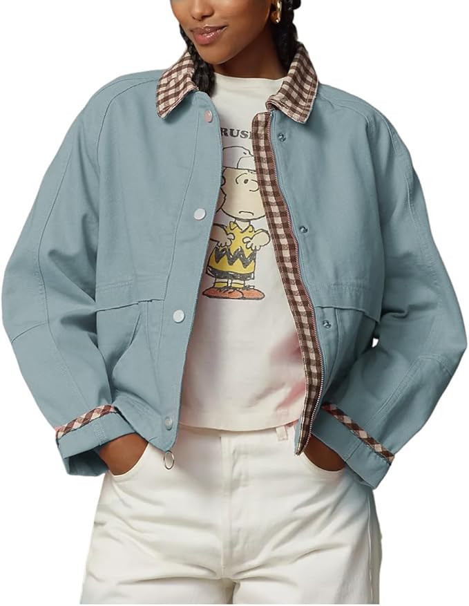 VAOYIU Women Casual Button Front Jacket Loose Plaid Cuffs Collar Trendy Coat with Pockets Spring ... | Amazon (US)