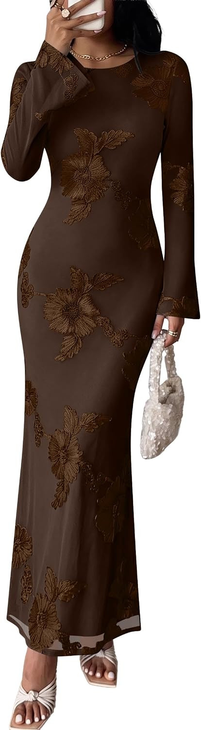 Caracilia Women Fall Long Sleeve Wedding Guest Cocktail Maxi Dress Floral | Amazon (US)