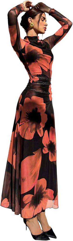 GORGLITTER Women's Mesh Mock Neck Long Sleeve Maxi Dress Elegant Classy Floral Fall Gothic Festiv... | Amazon (US)