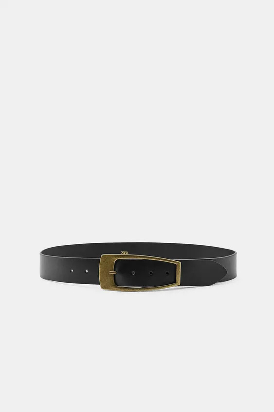 100% LEATHER RECTANGULAR BUCKLE BELT | Zara US