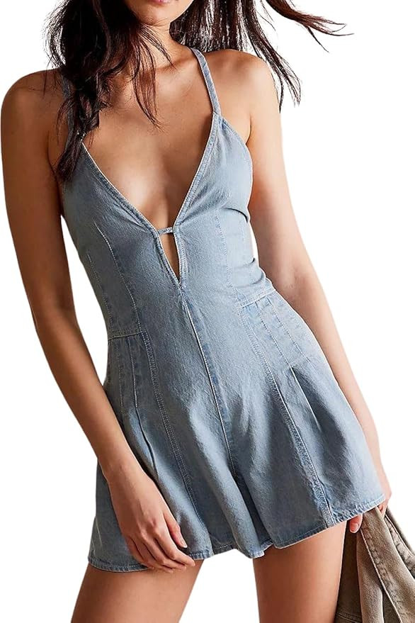 yoeasy Women's Sleeveless Deep V Neck Shorts Denim Romper Spaghetti Strap Tie Backless Ruffle Jea... | Amazon (US)