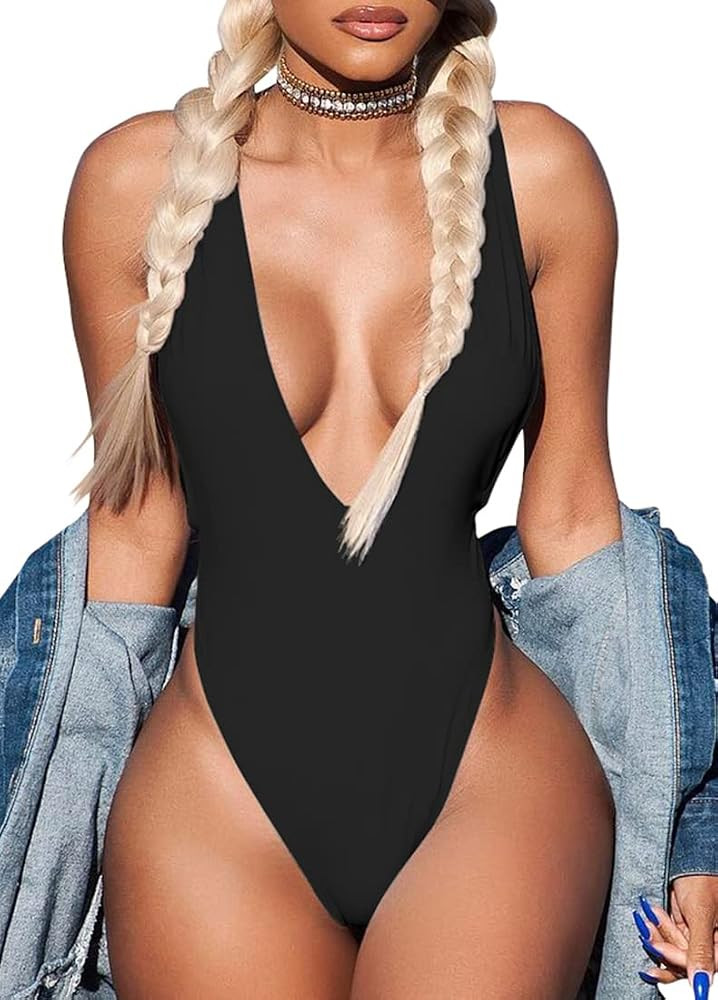 LAGSHIAN Women's Sexy One Piece Deep V Neck Sleeveless Tank Top Bodysuit Jumpsuit | Amazon (US)