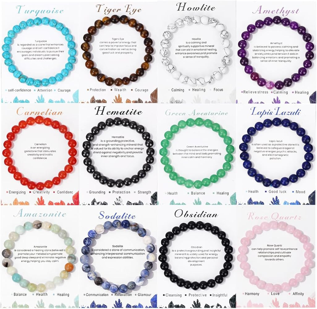 CASDAN 12Pcs Healing Crystal Bracelets for Women Men 8mm Round Stone Beaded Bracelet Semi-Preciou... | Amazon (US)