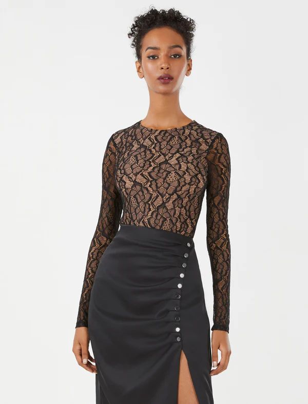 Crew Neck Long Sleeve Lace Bodysuit | BCBG Max Azria 