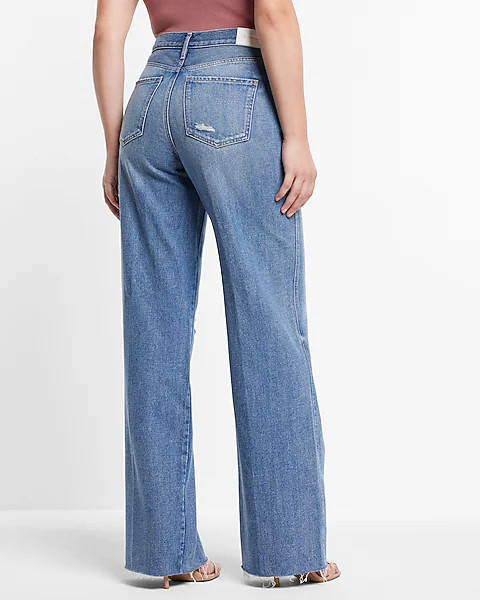 High Waisted Medium Wash Ripped Wide Leg Jeans | Express
