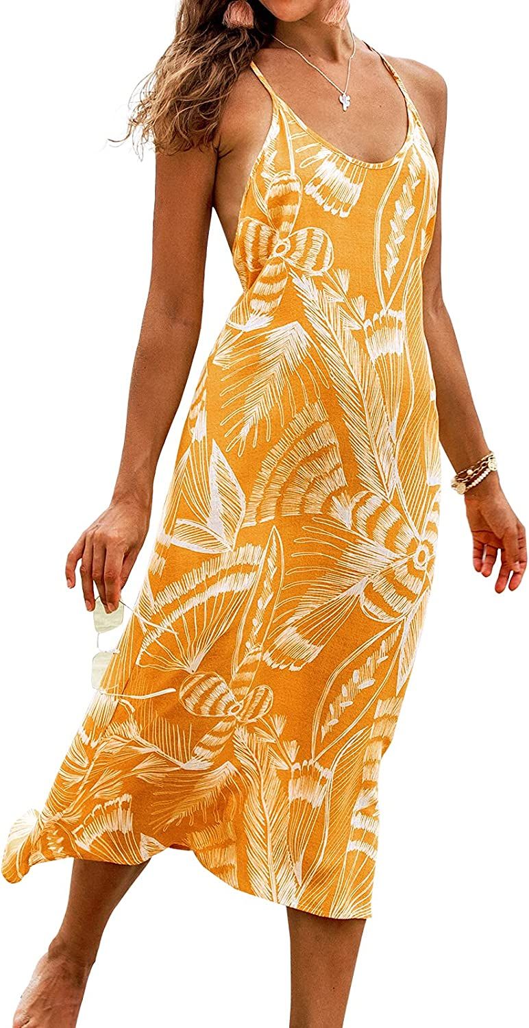 CUPSHE Summer Women Floral Yellow Slip Dress Maxi Maxi V Neck Vacation Beach Dress Fitted Waist | Amazon (US)