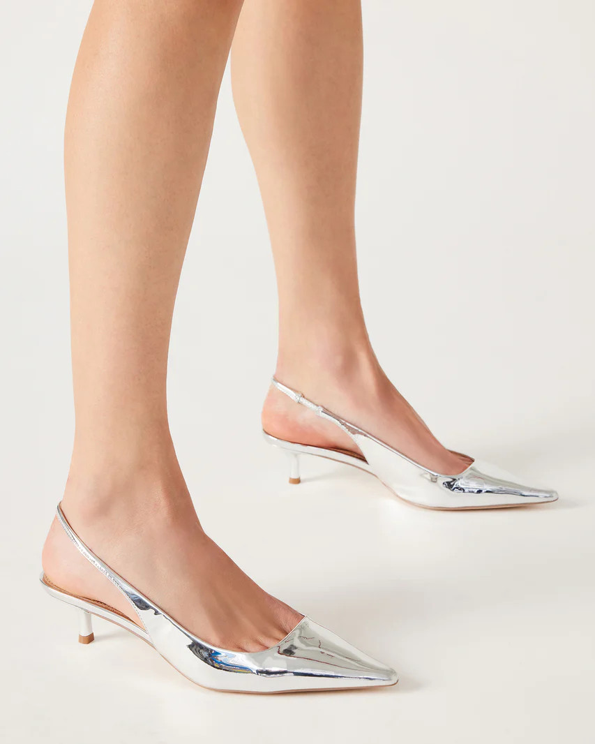KARI Silver Slingback Point Toe Kitten Heel | Women's Heels | Steve Madden (US)
