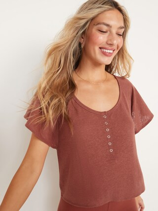 Loose Linen-Blend Jersey Crop Henley Tee for Women | Old Navy (US)