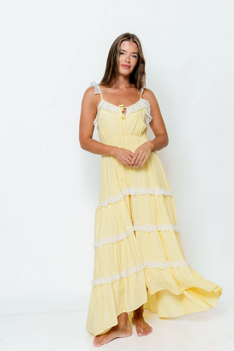 Letty Lace-Trimmed Tiered Maxi Dress in Yellow | Worth Collective