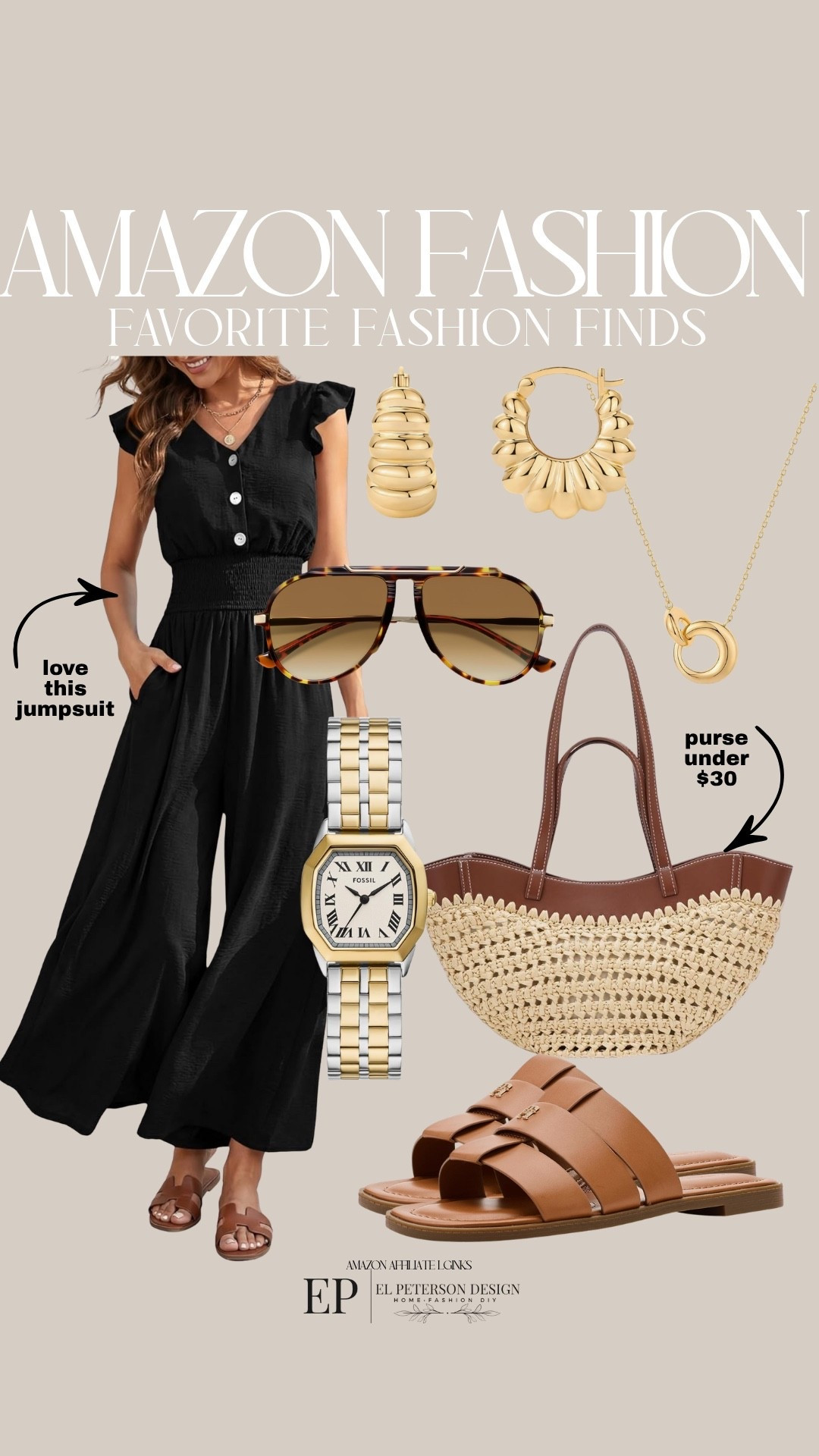 Amazon
Jumpsuit
Purse
Watch
Earrings
Sandals
Sunglasses
Necklace