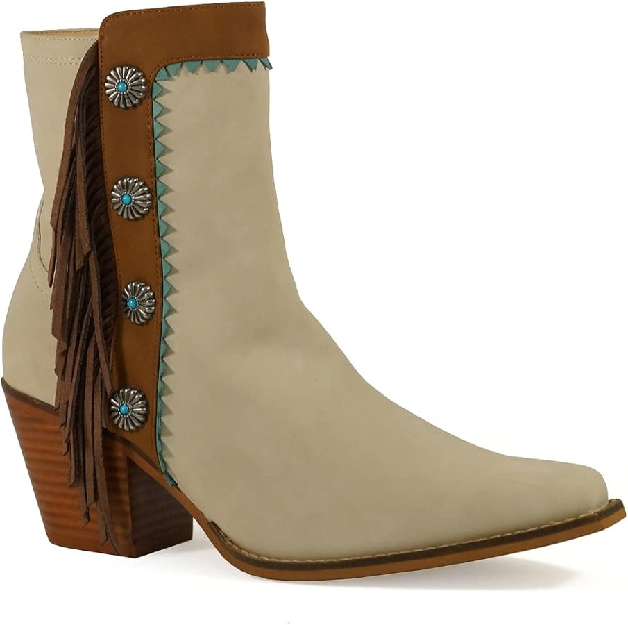 ARiIDER GIRL Gizelle Women's Mid Calf Fringe Booties Snip Toe Stacked Heel Buckle Studded Western... | Amazon (US)