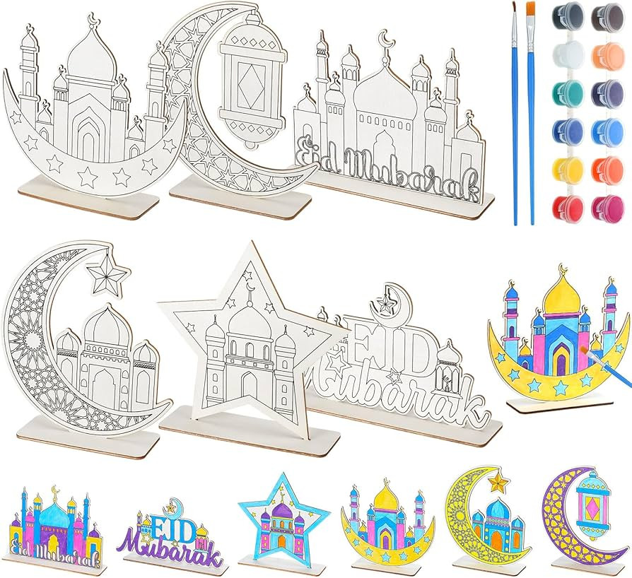 Colingmill 24 Sets Eid Mubarak Crafts Color Your Own Wooden Ramadan Table Decorations DIY Moon St... | Amazon (US)