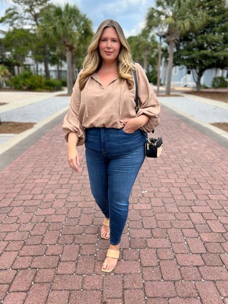 Love this peasant top from Abercrombie! Wearing the xxl and it fits like a true 2x! Currently available in XXXL/3X! These good American jeans are sold out in this color but available in others! They run true and I’m in the 18W! Nude heels are Abercrombie and purse is Walmart! 

#LTKsalealert #LTKunder50 #LTKcurves