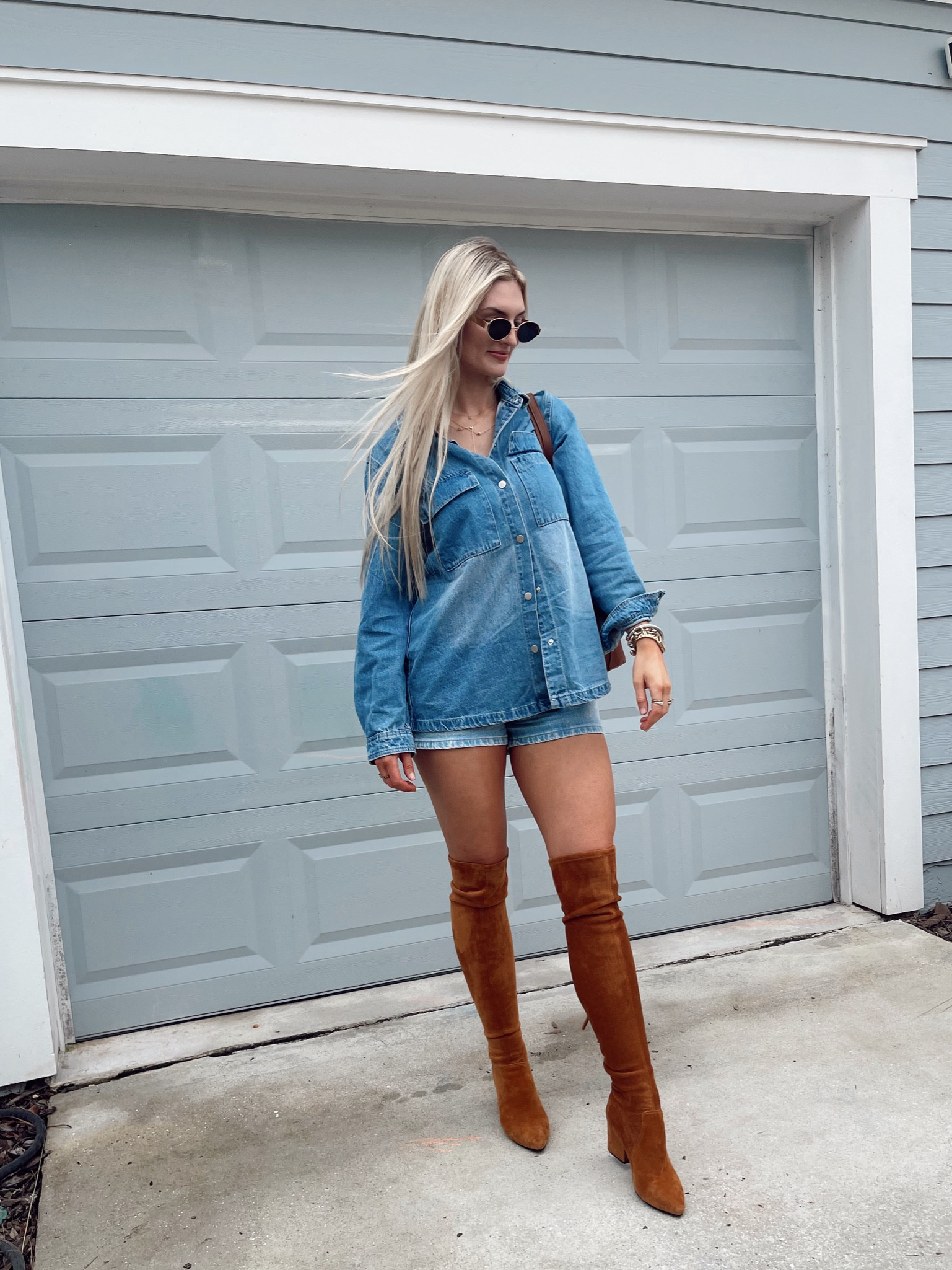 Denim on denim outfit. I’ve worn this too many times with different boots and accessories. The easiest base to throw on and wear with anything! 

 Abercrombie shorts- size 27 curve love 
Denim shacket- size large 

Jean shorts, Abercrombie denim, thigh high boots outfit, suede boots, Amazon purse, 

#LTKFindsUnder50 #LTKStyleTip