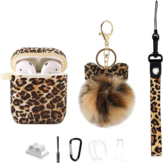 MOLOVA Case for Airpods 1&2 Case,Leopard Airpod Case with Pompom and Strap Compatible with AirPod... | Amazon (US)