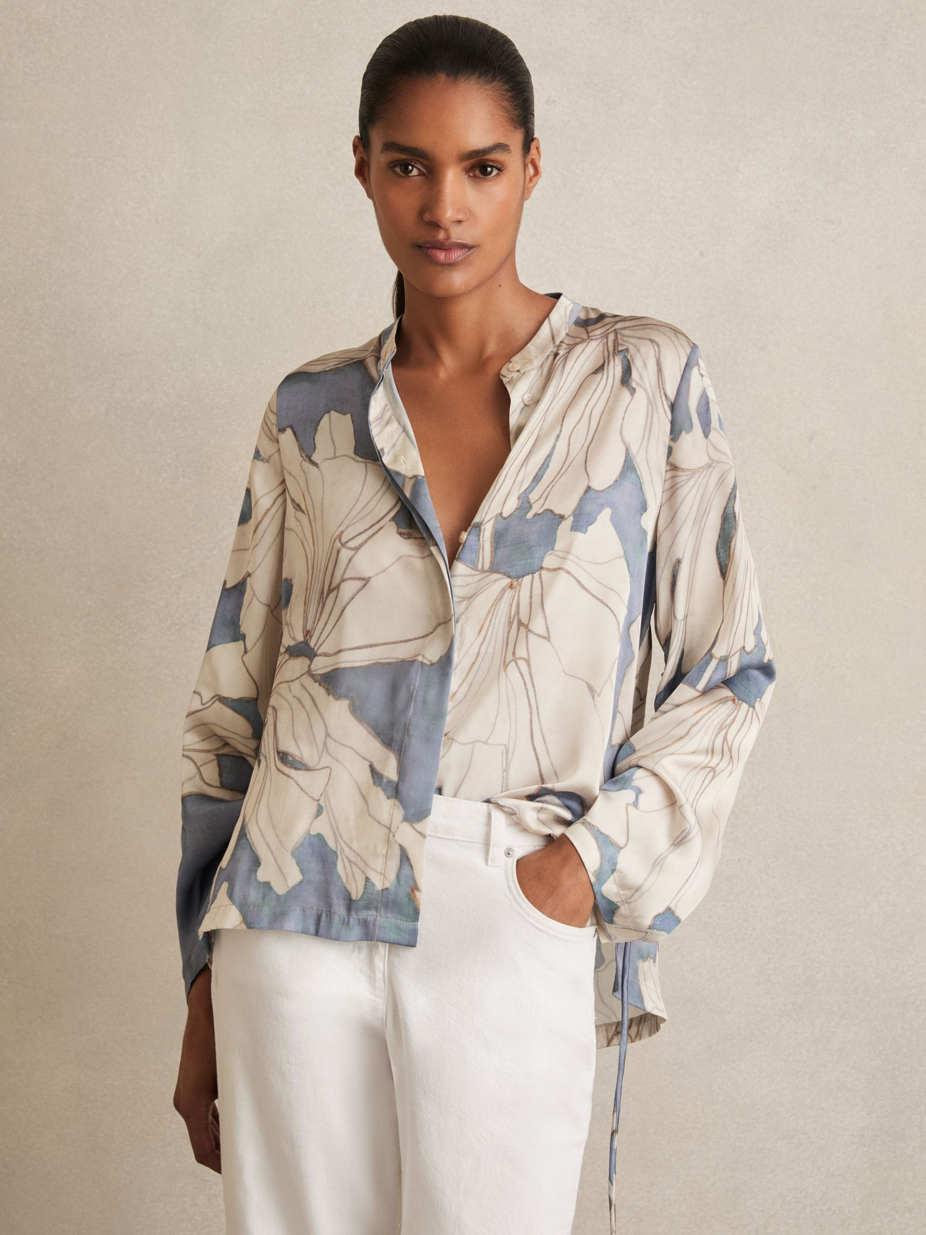 Floral Print Gathered Cut Out Shirt in Blue | Reiss US