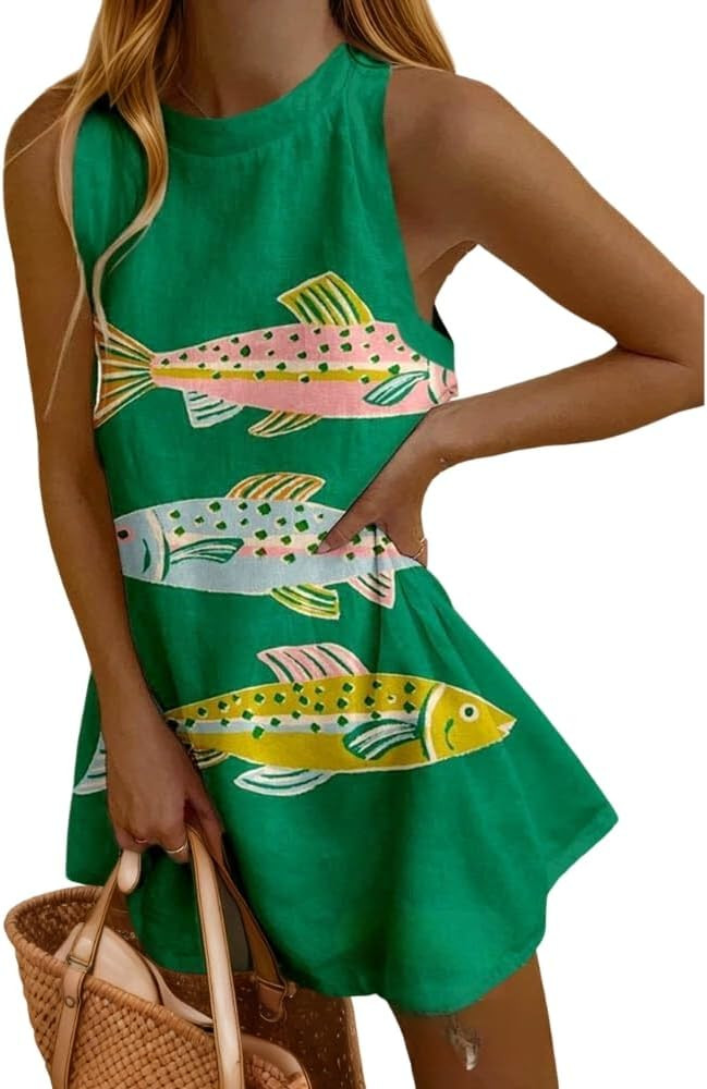 Women's Summer Ocean Animal Print Cotton Linen Mini Tank Dress Casual Loose Sleeveless Beach Vaca... | Amazon (US)