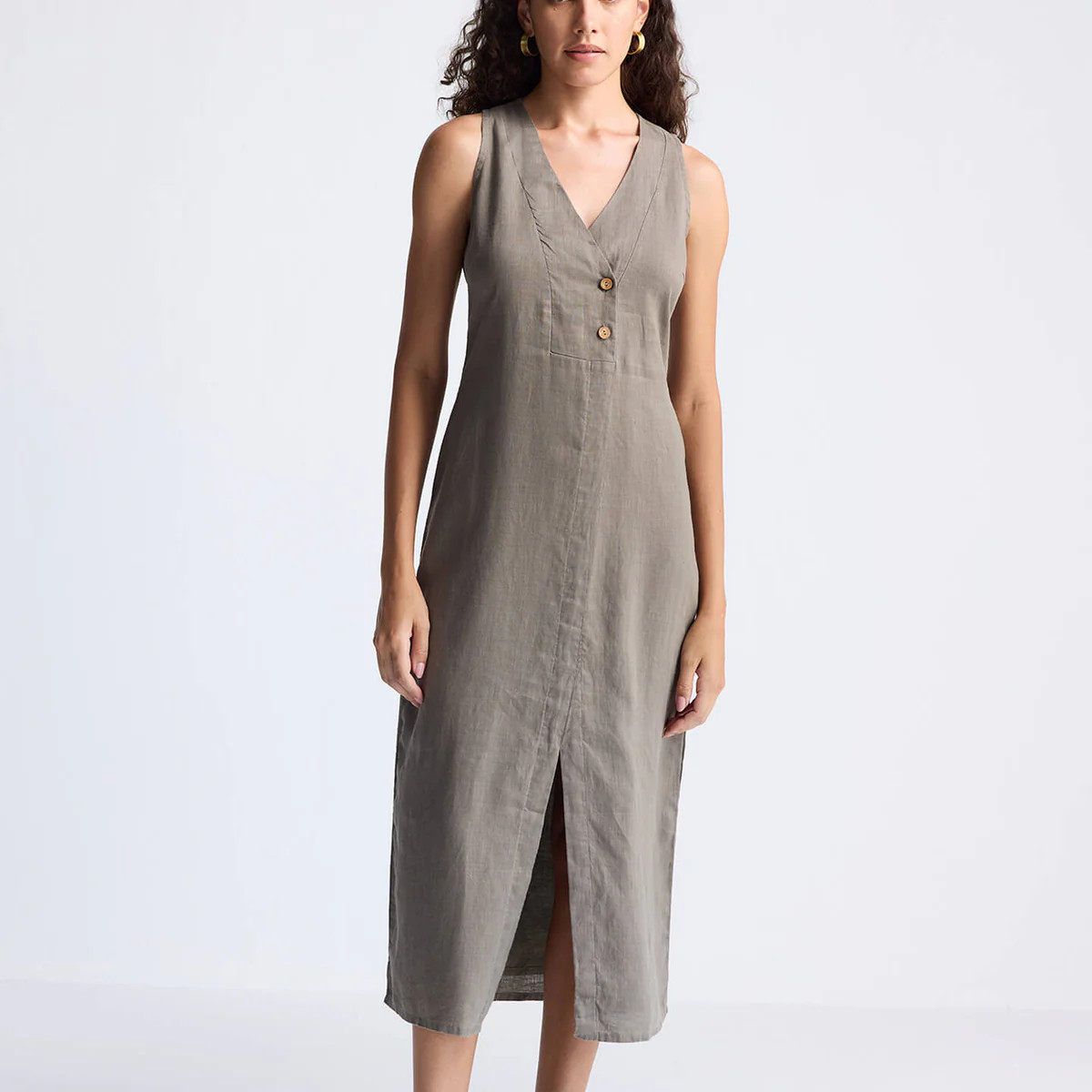 Straight Dress with Front Slit in Dark Green Hemp | Reistor