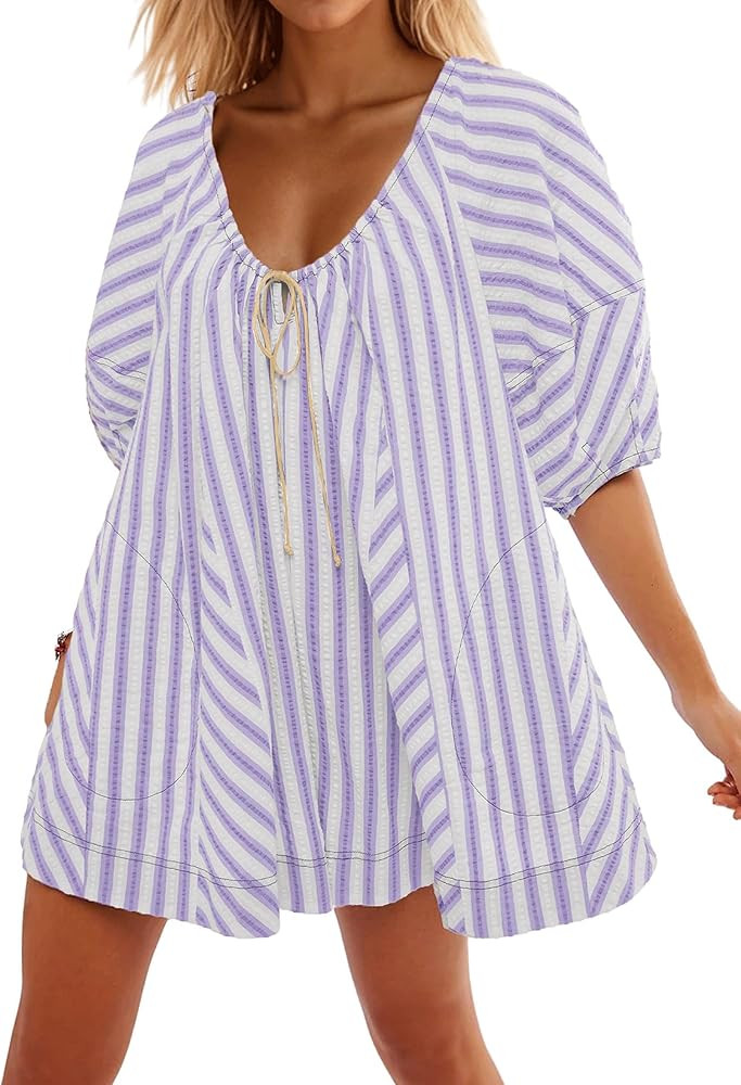 Women Striped Summer Dress with Pockets Casual Loose Puff Sleeve Mini Dress Adjustable V Neck Ove... | Amazon (US)