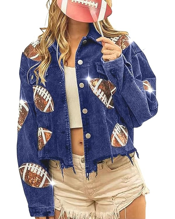 Aimiray Women's Cropped Corduroy Jacket Football Sequin Patched Print Button Frayed Hem Shacket O... | Amazon (US)
