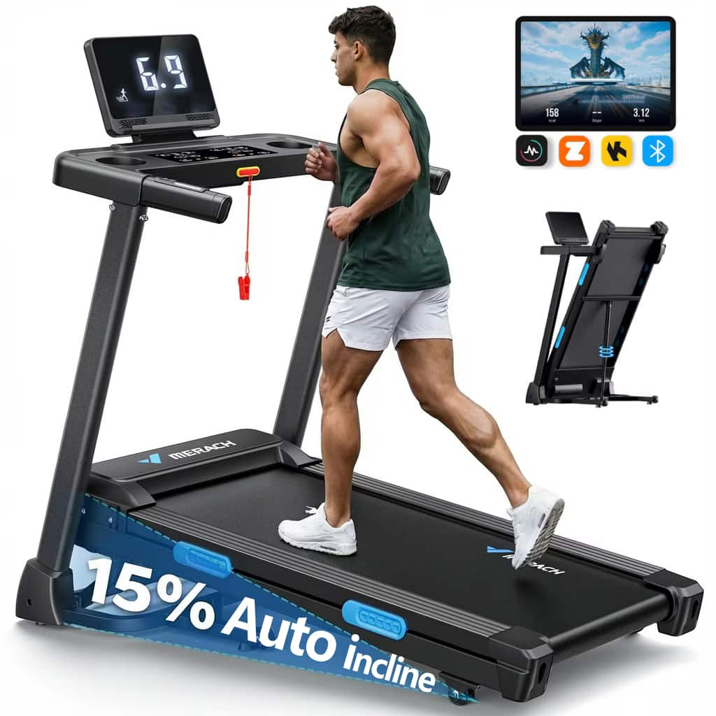 MERACH - T12 Folding Treadmill with 15% Auto Incline, 300 LBS Capacity, 0.5-7.5MPH Quiet 3.0HP Incline, Smart APP - Black | Best Buy U.S.