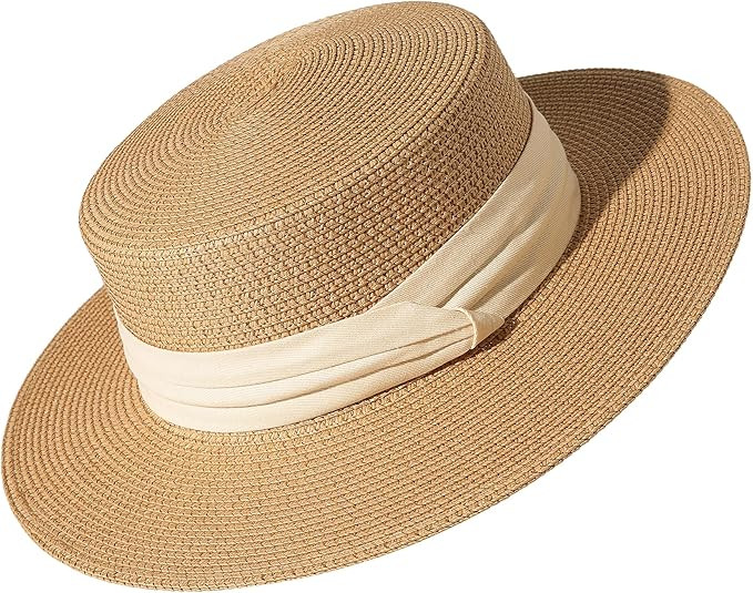 Lanzom Sun Hats for Women Wide Brim Straw Boater Hat Foldable Packable Beach Hat for Summer | Amazon (US)
