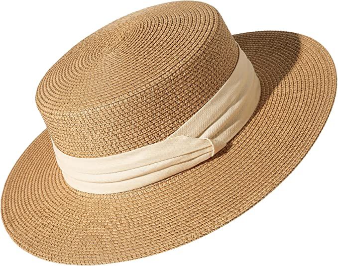 Lanzom Sun Hats for Women Wide Brim Straw Boater Hat Foldable Packable Beach Hat for Summer | Amazon (US)