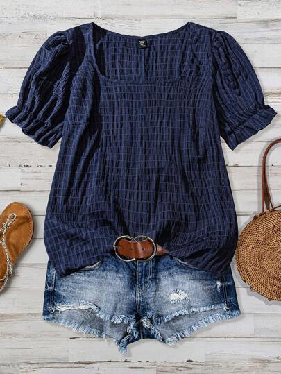 SHEIN VCAY Plus Size Women Summer Casual Textured Fabric Puff Sleeve Square Neck Blouse | SHEIN